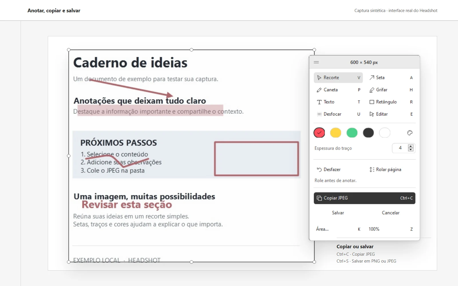 Captura sintética com seta, grifo e retângulo ao lado do inspetor real do Headshot, com os comandos Copiar JPEG e Salvar visíveis.